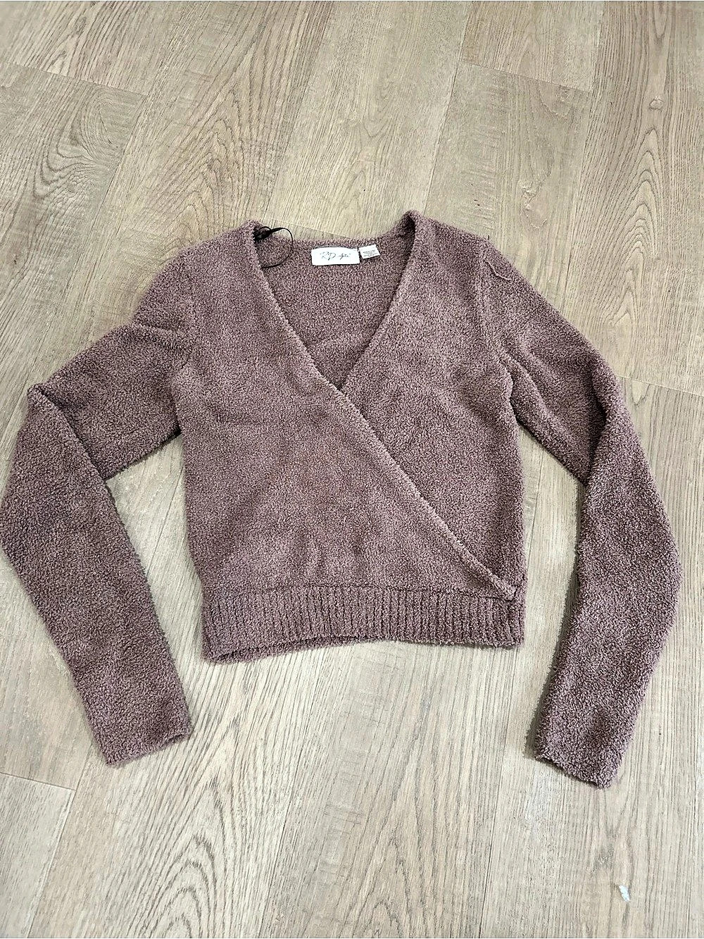 RD Style Mauve Fuzzy Cropped Wrap Sweater Small